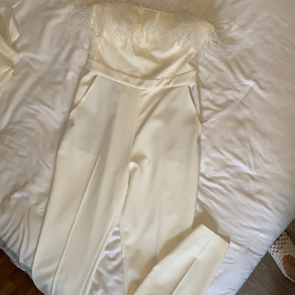 Feathered white fitted BHLDN jumpsuit! (Saylor edition)